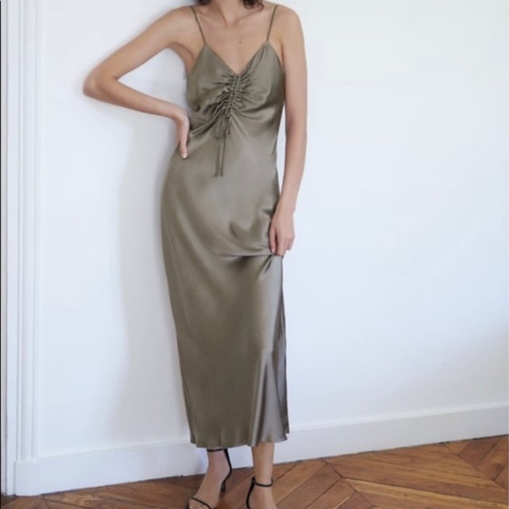 Zara Gray Ruched Slip Maxi Dress NWT